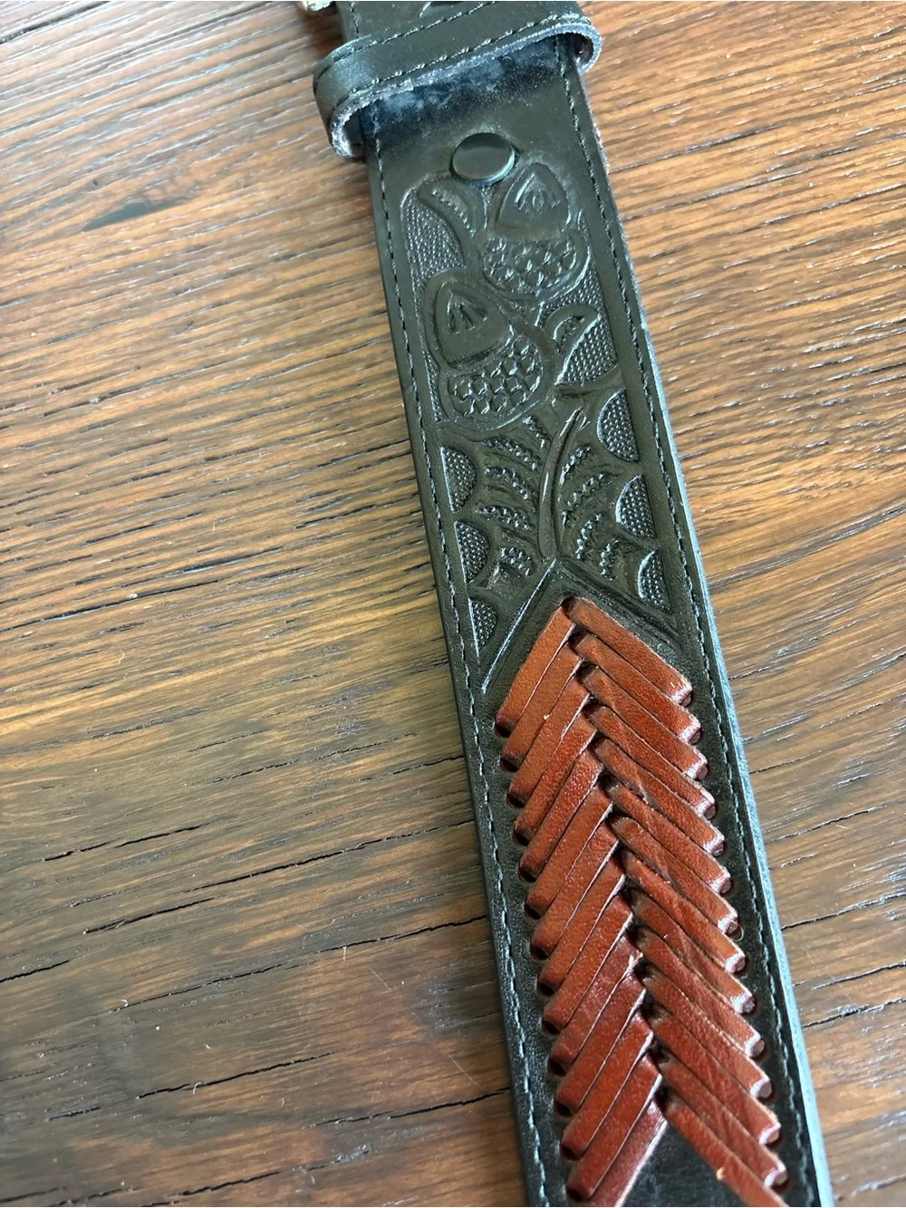 Western Hand Tooled Leather Rodeo Black/Brown Leather Belt, Cowboy, Unisex 34